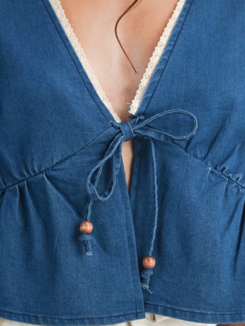 A380. Embroidered V-Neck Peplum Top - Blue - Picture 4 of 8